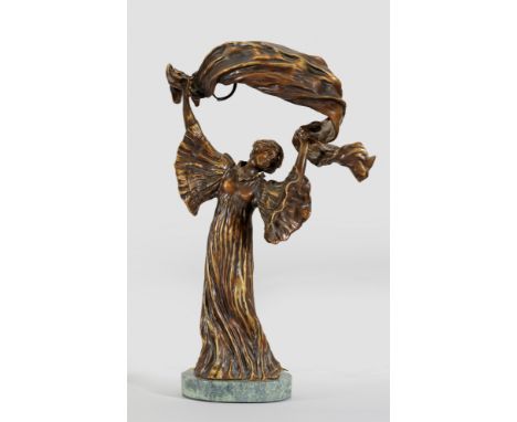 Tischlampe im Jugendstil1-flg.; Bronze, braun patiniert sowie grau-grün gemaserter Marmor. Über flachem Rundsockel vollplasti