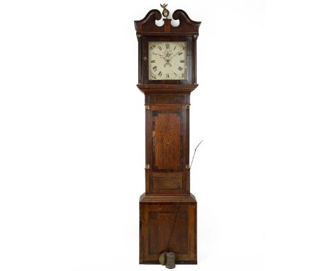 Early 19th Century oak cased, 30 hour, longcase clock, with 11 inch painted dial (name illegible), decorated with pigeon and 