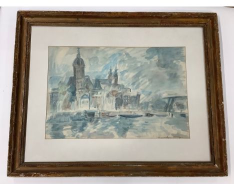 An impressionist watercolour scene of Amsterdam, signed by the artist to lower right (illegible) and titled 'Amsterdam in the