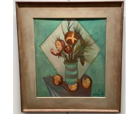 Cyril Wilson (British 1911-2003). Impressionist oil on canvas of dried flowers in a striped vase, signed to lower right, in a