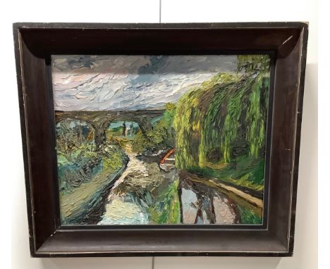 Leslie Wooleston (British) oil on board. Impressionist canal scene in frame. Width 59cm x height 49cm.