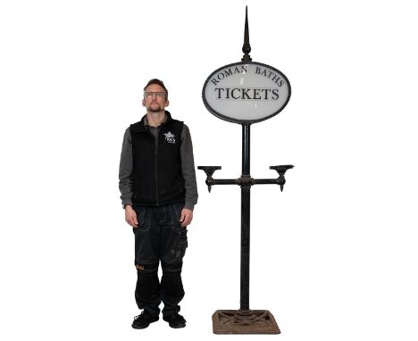 Vintage Original 'Roman Baths Tickets' light up sign. Cast iron with opaque glass to both sides (wording one side only), two 