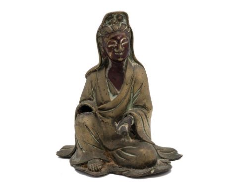 Chinese Ancient Buddhism Temple brass Kwan-Yin goddess Buddha statue with painted face. H17cm.