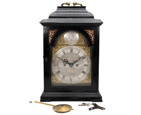 J H Borrell circa 1795 George III twin fusee table clock. Ebonised four window case with brass carrying handle to pediment. T
