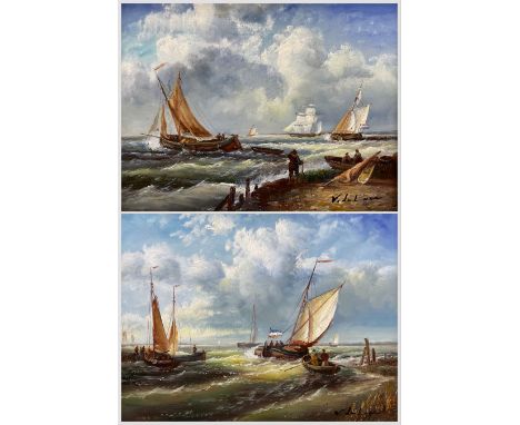 V De Luca (Italian 20th Century): Shipping in Heavy Seas, pair oils on panel signed 19cm x 24cm (2)