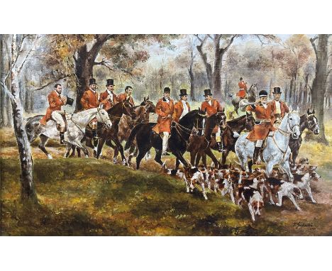 After Wojciech Kossak (Polish 1856-1942): Hunting Party, oil on canvas signed and dated 1997, inscribed verso 26cm x 40cm 