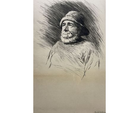 Mabel Annie Levy (1884-1967): 'A Yorkshire Fisherman', drypoint etching signed in pencil, original title label verso 33cm x 2