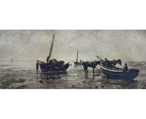 Thomas Barrett (Staithes Group 1845-1924): 'Pilchard Boats', drypoint etching signed in pencil 10cm x 26cm; together with a l