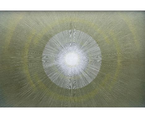 H Watkinson (British mid 20th century): Abstract Sunburst, mixed media on board signed, inscribed verso 50cm x 74cm