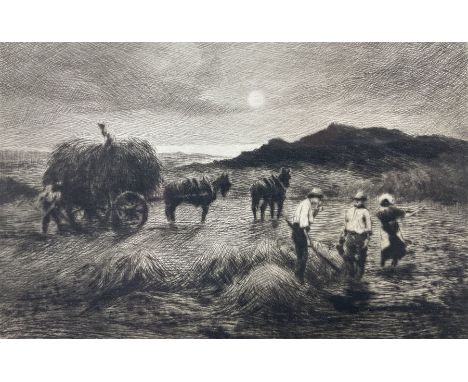 Thomas Barrett (Staithes Group 1845-1924): Haymaking, drypoint etching signed in pencil, 8cm x 12cm 