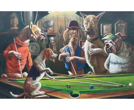 John Davies (British 20th Century): Dogs Playing Snooker, oil on board signed and dated 1995, 60cm x 90cm 