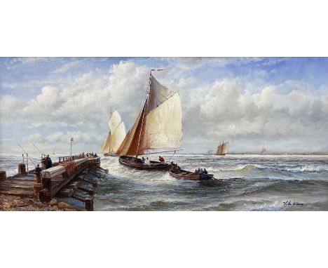 V De Luca (Italian 20th century): Fishermen Heading Out, oil on panel signed, in heavy gilt frame 29cm x 59cm 