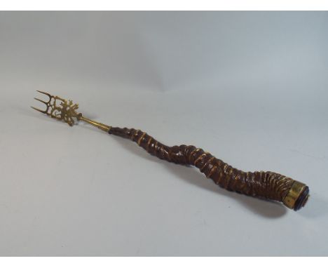 A Brass Mounted Novelty Toasting Fork Formed From an Indian Black Buck Antelope Horn, 57cm Long 