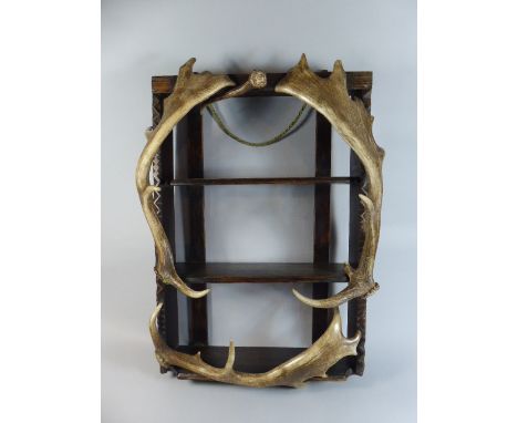 A 19th Century Black Forest Folk Art Chip-Carved Wall Shelf Decorated with Deer Antlers, 50cmx75cm