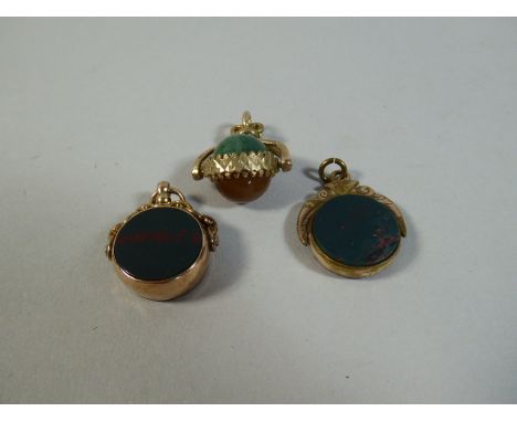 A Collection of Three 9ct Gold Fobs to Include Compass, Bloodstone and Two Stone Globe. Total Overall Weight, 17.5gms.