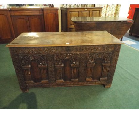 An Early Carved Oak Three Panel Blanket Chest with Hinged Lid, 128cm Wide 