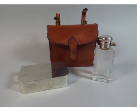 A Leather Cased Saddle Mounting Hunting/Stalking Canteen Comprising Silver Plated Sandwich Tin and Silver Plate Mounted Whisk