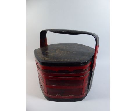 A Chinese Hexagonal Lacquered Bamboo Lidded Wedding Basket. The Removable Lid Decorated in Gilt with Maiden in Boat Playing M