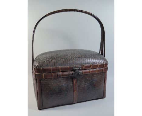 A Vintage Chinese Woven Cane and Bamboo Basket with Ring Hinged Lid and Removable Tray, Hooped Carrying Handle. 47cm Wide.