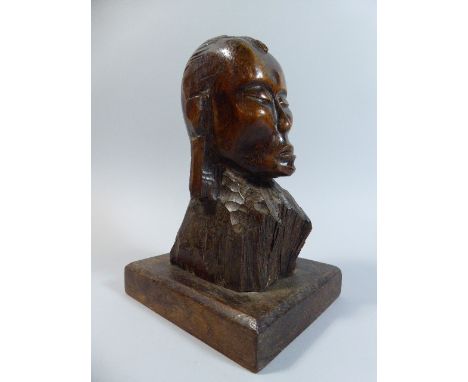 A 19th Century Carved Wood Portrait Bust, Probably Pacific Islands, on a Later Plinth. 25cm High