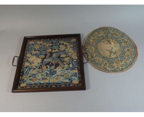 A 19th Century Two Handled Oak Framed Tray with Chinese Embroidered Silk Panel Under Glass Depicting Pheasant in Woodland Tog