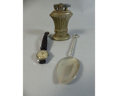 A Ronson Table Lighter, "The Newport" together with Vintage Childs Wrist Watch by Micosa and a White Metal Teaspoon.