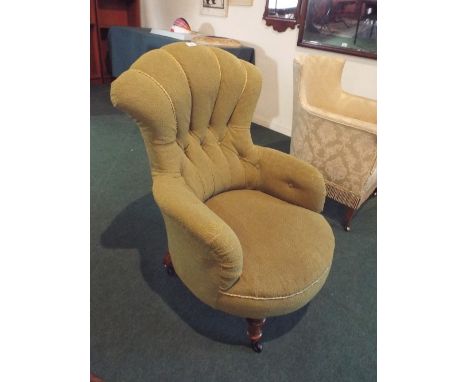 A Vintage Shell Backed Button Upholstered Ladies Armchair with Circular Seat 