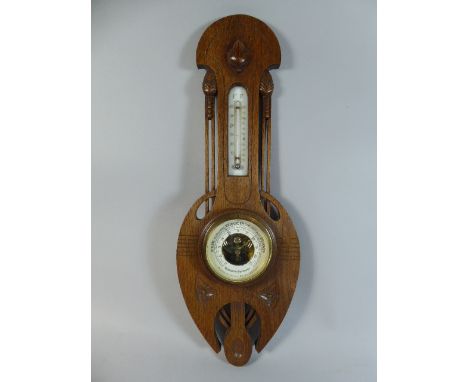 A Late 19th Century Dutch Oar Aneroid Barometer with Carved Secessionist Decoration, 50x18cm