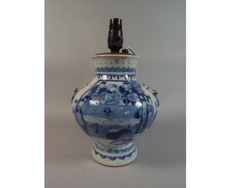 A Good Early Oriental Blue and White Vase with Moulded Ring Handles.  Decorated with Figures at Court.  Underglazed Blue Seal