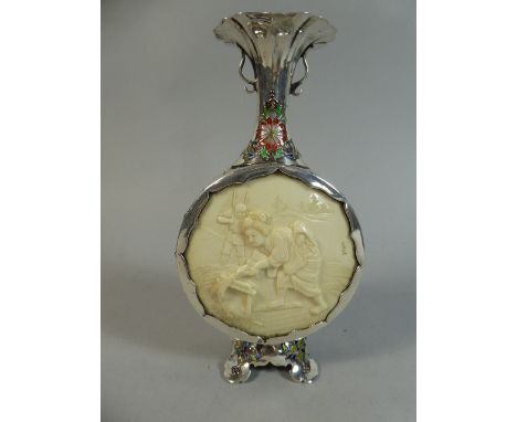 A Good Meiji Period Japanese Ivory Mounted Silver Vase with Coloured Enamel Decoration to Neck and Feet.  Ivory Panel Carved 