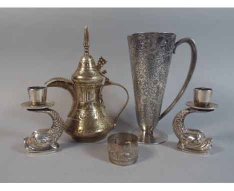 A Collection of Silver Plate to Include Abu Dhabi Coffee Pot, Indian Napkin Ring, Pair of Dolphin Candlestick and Etched Dama