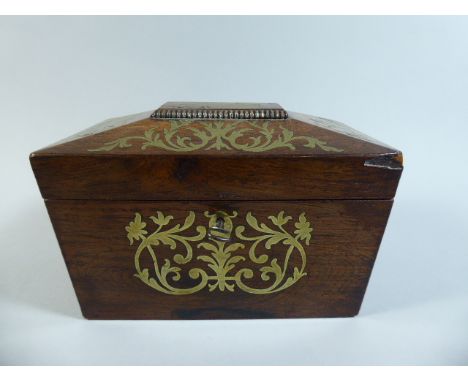 A Regency Brass Inlaid Rosewood Tea Caddy of Sarcophagus Form with Hinged Lid to Fitted Two Division Interior with Two Brass 