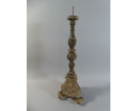 A 19th Century Italian Carved Wood Pricket Candle Stick with Original Painted Finish. 68cm High