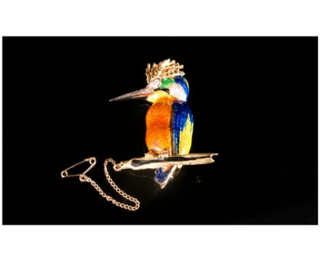Very Fine 18ct Gold Set Diamond & Enamel Brooch in the form of a woodpecker, the eyes, beak and ears set with diamonds. with 