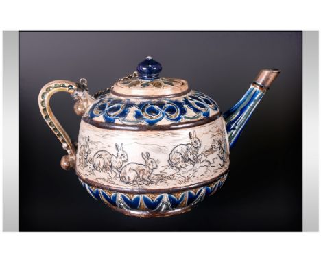 Doulton Lambeth Rare Teapot by Hannah Barlow decorated with incised images of rabbits and dated 1880. 4.5 inches high. 