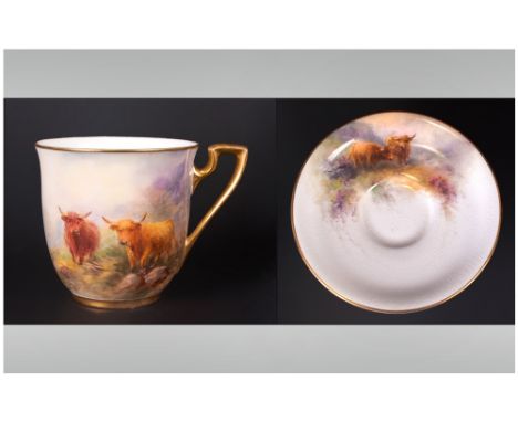 Royal Worcester Hand Painted Miniature Cup and Saucer ' Highland Cattle ' Signed John Stinton. c.1931. Cup 2.1/8 Inches High,