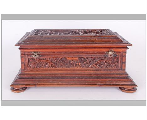 Indian Colonial Antique Sandalwood Writing Box Of The Finest Carving Depicting Elephants With Hunters In A Jungle Setting, Hu