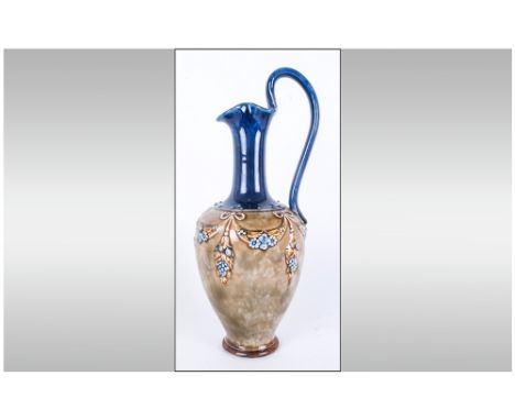Royal Doulton Ewer, probably by Christine Abbott; decorated with applied floral swags and pendants, in yellow ochre and mid b