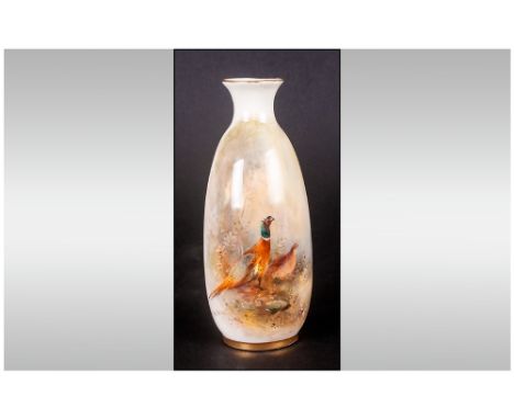 Royal Worcester Hand Painted Vase, 'Pheasants In A Woodland Setting' Signed James Stinton, Circa 1937, Stands 5.75'' in heigh