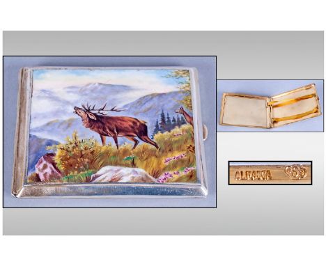 Austrian Fine Quality Enamel & Alpacca Silver Cigarette Case Circa 1900. Features Stag in a mountain backdrop to front cover 