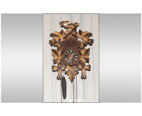 German Cuckoo Clock With Three Weights, Bird & Acorn Pediment, Acorn Pendulum. 