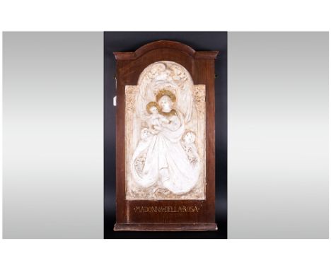 Glasgow Girls School Of Art Style Art Nouveau Carved Plaster Wall Plaque Depicting The Madonna Holding Baby Jesus With Angel 