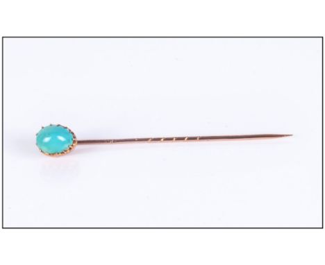 Victorian 9ct Gold - Turquoise Set Stick Pin with Original Period Box. Excellent Condition. 2.5 Inches High. 