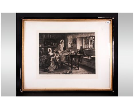 Pencil Signed Etching After Margaret Isabel Dicksee (1858-1903) Depicting Women & Children In A Living Room Setting. 20.5x15'