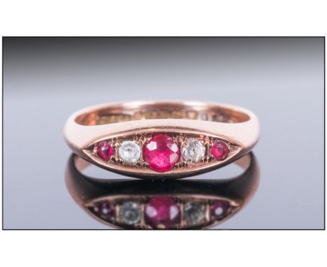 Ladies Antique 9ct Gold Ruby & Diamond 5 Stone Ring, Hallmark Birmingham 1923