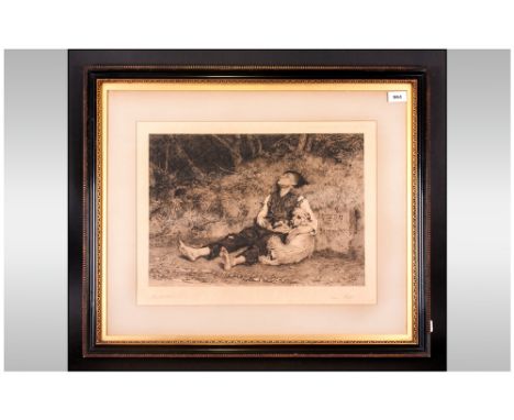 Framed Black & White Etching By L.Steele Titled 'His Only Friend' After Briton Riviere (1840-1920) 17.5x12''