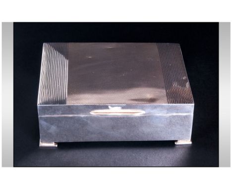 Art Deco Style Silver Engine Turned Cigarette Box. Hallmark Birmingham 1964 with Cedar Wood Interior. 1.75 x 5 x 3.5 Inches. 