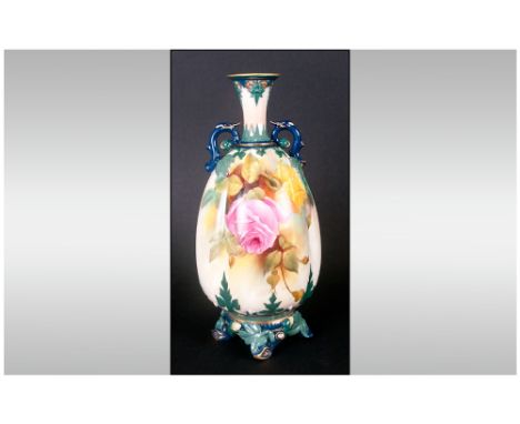 Royal Worcester Handpainted Two Handle Vase 'Roses' Yellow & Pink. Circa 1907. Signed F.J.Bray. Stands 9'' in height.