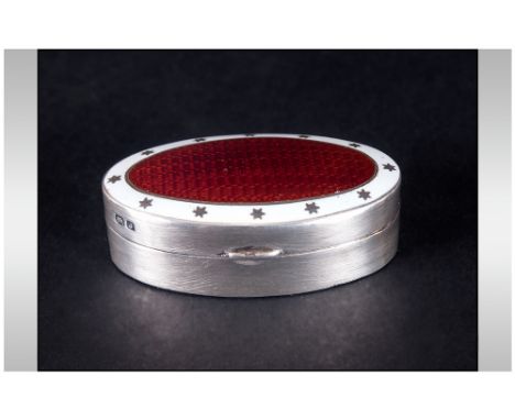 Edward VII Very Fine Silver & Enamel Oval Shaped Hinged Patch Box, Hallmark Chester 1909. 1.75'' in diameter. Mint Condition.