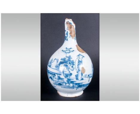 Rare English Delftware Early 17th Century Bottle Shaped Vase, finely decorated in underglazed blue depicting two Chinese Scho